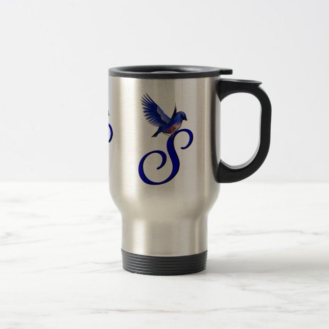 Bluebird Monogram Initial S Elegant Travel Mug (Right)