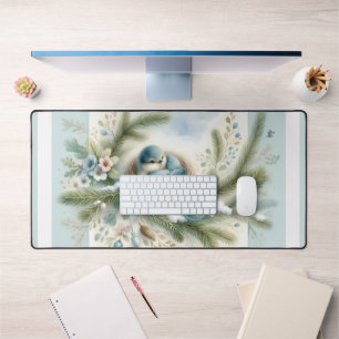 Bluebird Nest with Ornaments in Winter Pines Desk Mat
