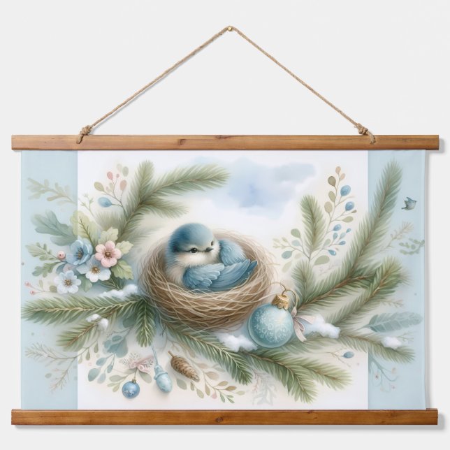 Bluebird Nest with Ornaments in Winter Pines Hanging Tapestry (Front)