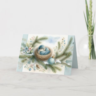 Bluebird Nest with Ornaments in Winter Pines Holiday Card