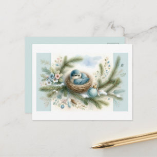 Bluebird Nest with Ornaments in Winter Pines Holiday Postcard