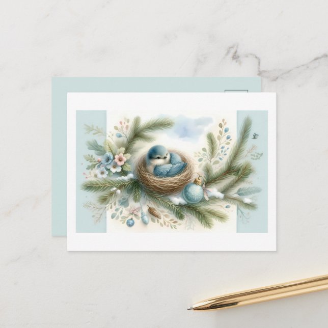 Bluebird Nest with Ornaments in Winter Pines Holiday Postcard (Front/Back In Situ)