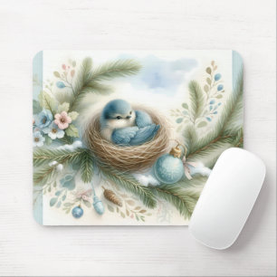 Bluebird Nest with Ornaments in Winter Pines Mouse Pad
