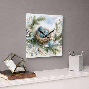 Bluebird Nest with Ornaments in Winter Pines Square Wall Clock
