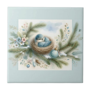 Bluebird Nest with Ornaments in Winter Pines Tile