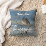 Bluebird Of Happiness Inspirational Personalized Cushion<br><div class="desc">A pretty little bluebird wintering over resting on a branch against a backdrop of snow with the inspirational words May the bluebird of happiness always reside within you. Personalize with your text. Nature photography by Susan.</div>
