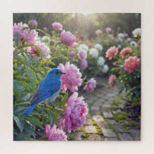 Bluebird On a Pink Peony Jigsaw Puzzle