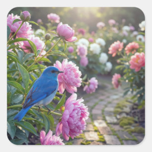 Bluebird On a Pink Peony Square Sticker