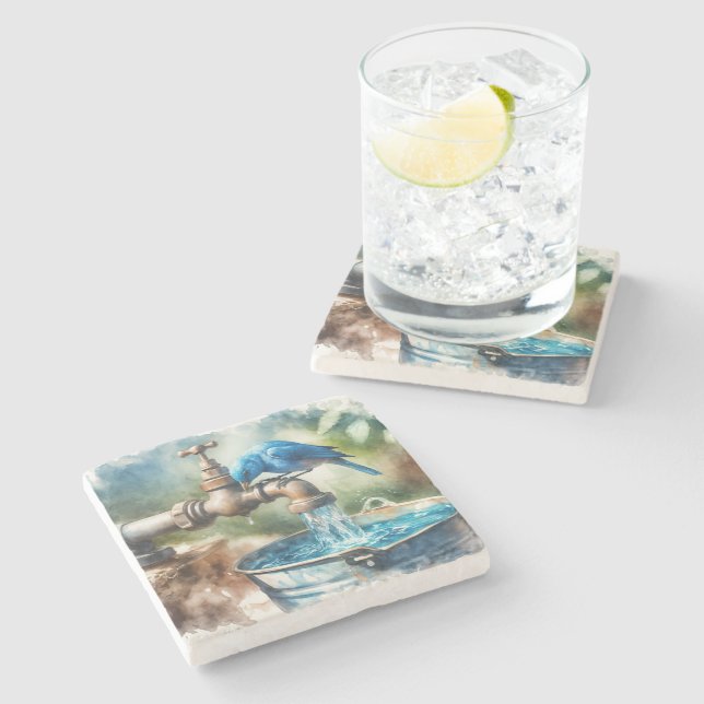 Bluebird On an Old Faucet Stone Coaster (Side)