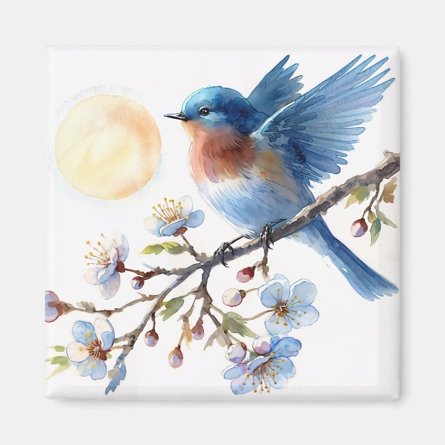 Bluebird on Blossom Branch Square Magnet (Front)