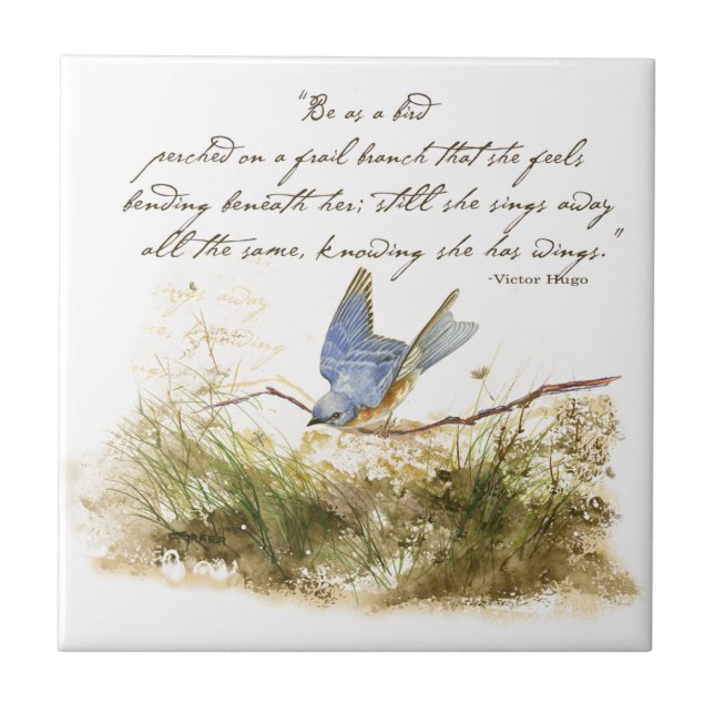 Bluebird on Branch Inspirational poem Watercolor Tile (Front)
