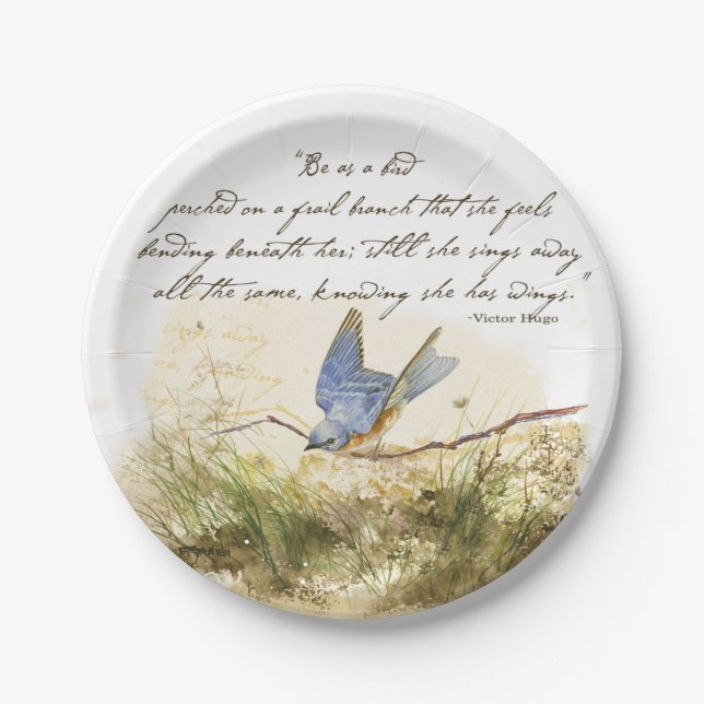 Bluebird on Branch Victor Hugo Inspirational Poem Paper Plate (Front)