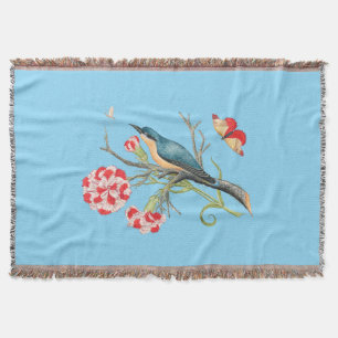 Bluebird on carnations, vintage illustration, throw blanket
