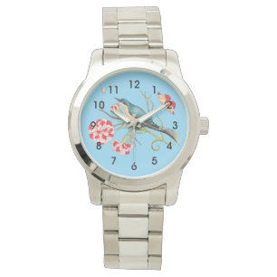 Bluebird on carnations, vintage illustration, watch