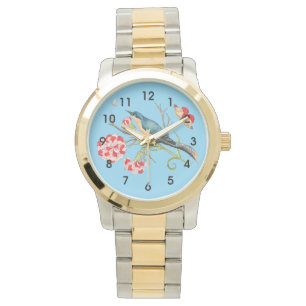 Bluebird on carnations, vintage illustration, watch