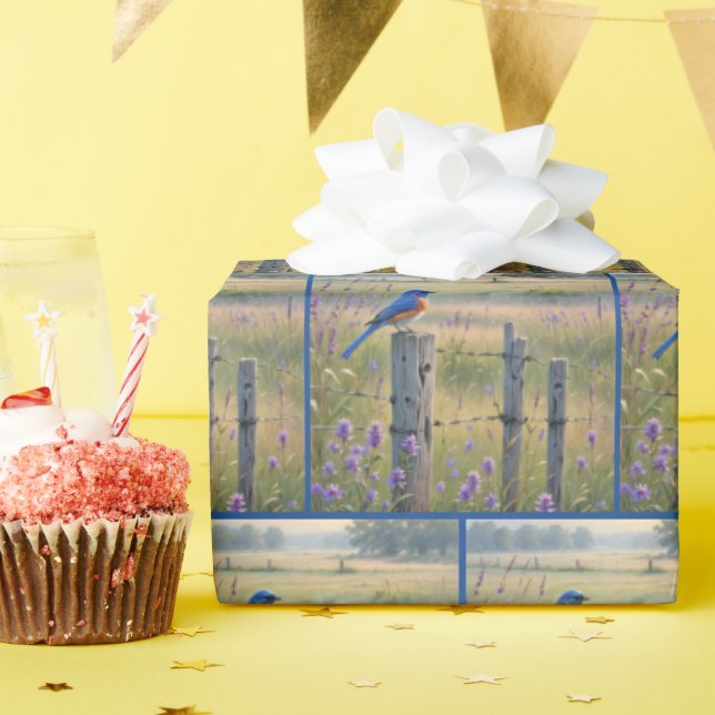 Bluebird On Country Fence Post Wrapping Paper (Birthday Party)