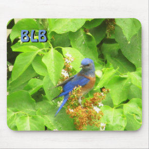 Bluebird on Lilac Hedge your Initials Mouse Pad