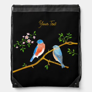 Bluebird Pair Black Drawstring Bag