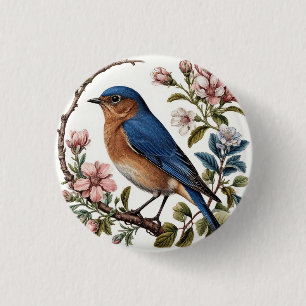 Bluebird Perched Among Blooming Flowers 3 Cm Round Badge