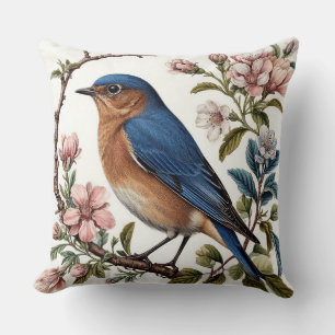 Bluebird Perched Among Blooming Flowers Cushion