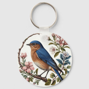 Bluebird Perched Among Blooming Flowers Key Ring
