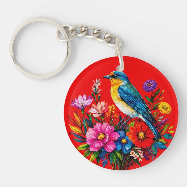 Bluebird Perched Among Colourful Spring Flowers Key Ring (Front)