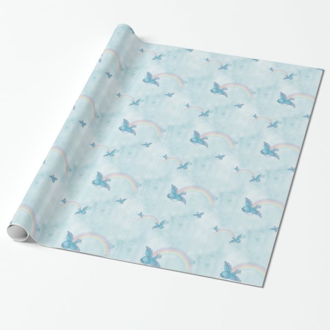 Bluebird Rainbow -Blue Clouds Wrapping Paper (Unrolled)