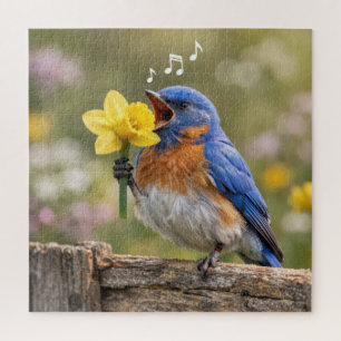 Bluebird Singing Into a Yellow Daffodil Jigsaw Puzzle
