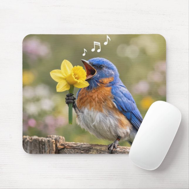 Bluebird Singing Into a Yellow Daffodil Mouse Pad (With Mouse)