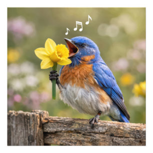 Bluebird Singing Into a Yellow Daffodil Photo Print