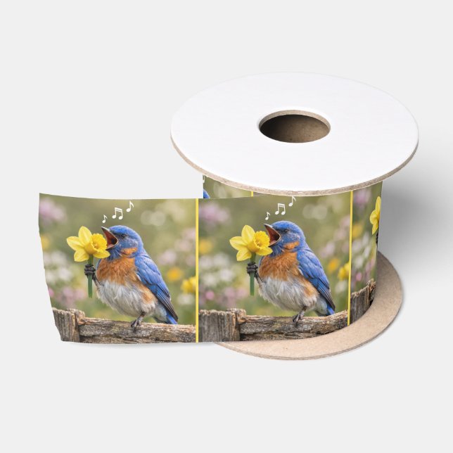 Bluebird Singing Into a Yellow Daffodil Satin Ribbon (Spool)
