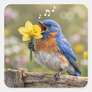 Bluebird Singing Into a Yellow Daffodil Square Sticker
