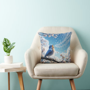 Bluebird Singing On a Cherry Tree Branch Cushion