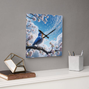 Bluebird Singing On a Cherry Tree Branch Square Wall Clock