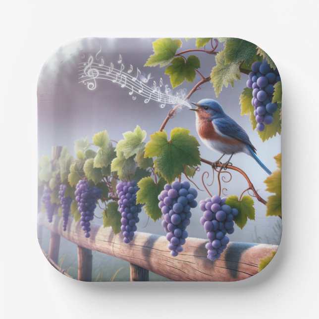 Bluebird Singing On a Grapevine Paper Plate (Front)