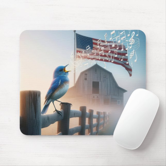 Bluebird Singing With American Flag Mouse Pad (With Mouse)