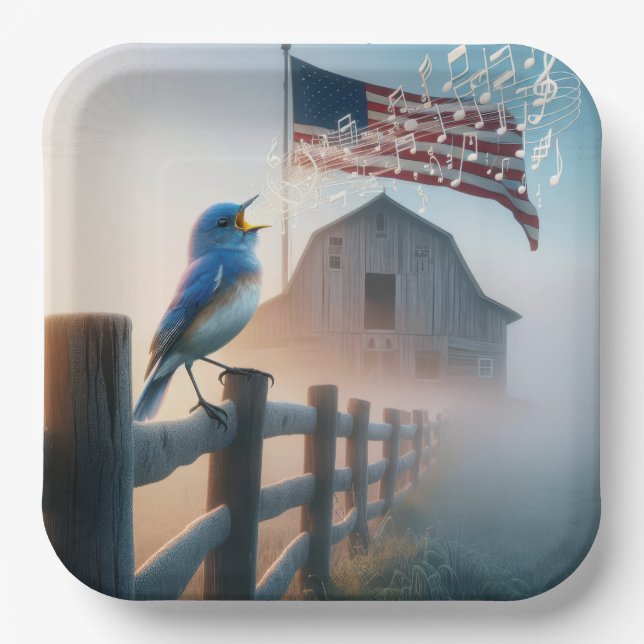 Bluebird Singing With American Flag Paper Plate (Front)