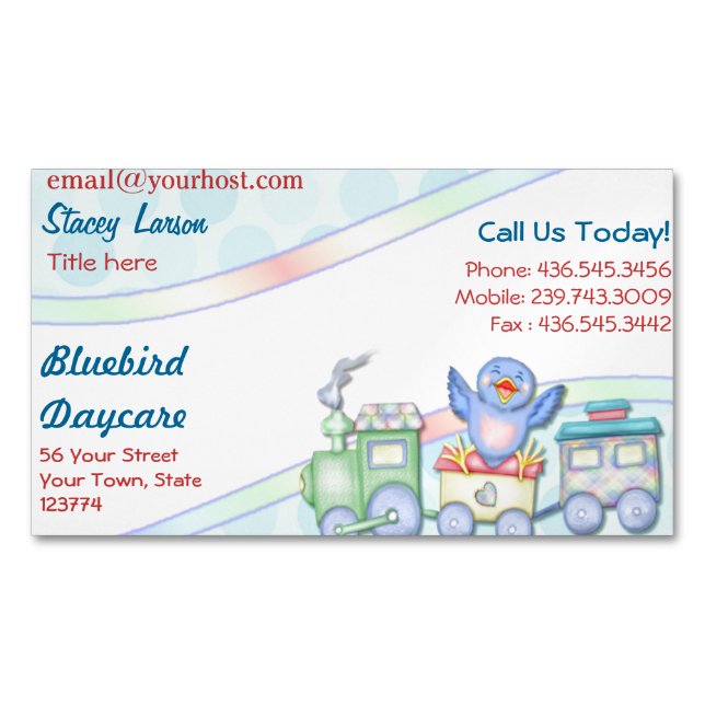 Bluebird Train Daycare Magnetic Business Card (Front)