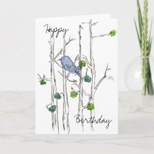 Bluebird Trees Pen and Ink Happy Birthday Card