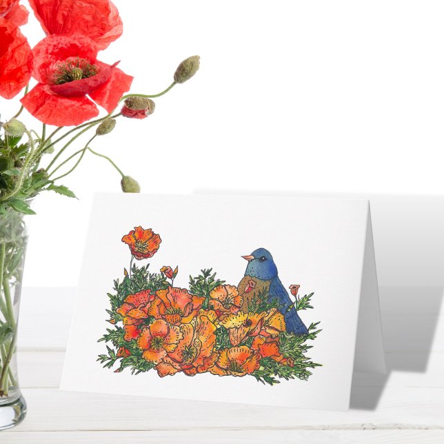 Bluebird Watercolor Blank Card (Bluebird in Poppies Art Card)