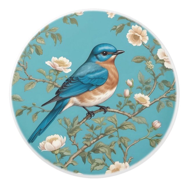Bluebird William Morris Inspired Turquois  Ceramic Knob (Front)