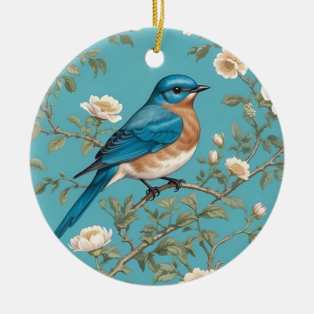 Bluebird William Morris Inspired Turquois  Ceramic Tree Decoration (Front)