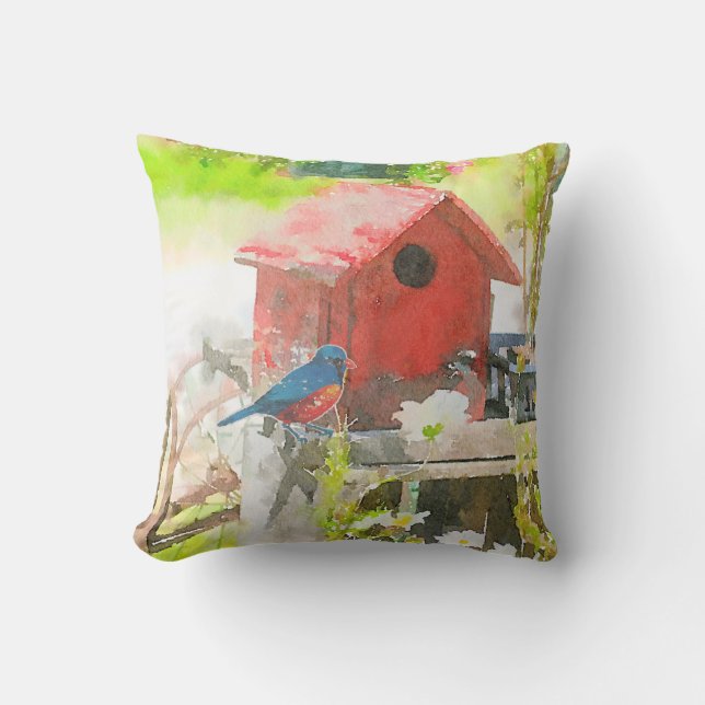 Bluebird with Red Birdhouse Cushion (Front)
