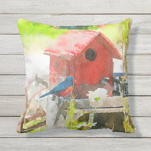 Bluebird with Red Birdhouse Cushion