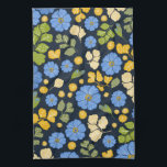 Bluebirds and flowers art tea towel<br><div class="desc">This pretty Spring floral pattern features blue zebra primrose flowers,  leaf elements,  and green fern leaves along with two flying bluebirds. Hand drawn,  original artwork.</div>