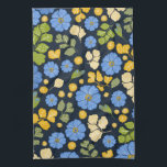 Bluebirds and flowers art tea towel<br><div class="desc">This pretty Spring floral pattern features blue zebra primrose flowers,  leaf elements,  and green fern leaves along with two flying bluebirds. Hand drawn,  original artwork.</div>