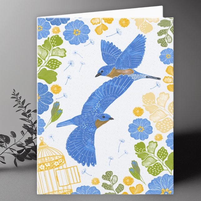 Bluebirds and Flowers Drawing Blank Card (Creator Uploaded)