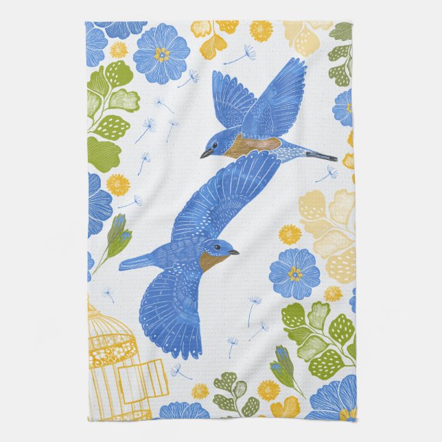 Bluebirds and flowers tea towel (Vertical)