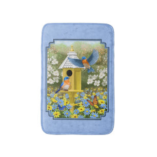 Bluebirds and Hexagon Birdhouse Blue Bath Mat