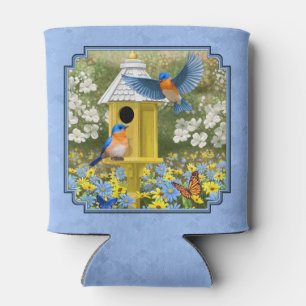 Bluebirds and Hexagon Birdhouse Blue Can Cooler